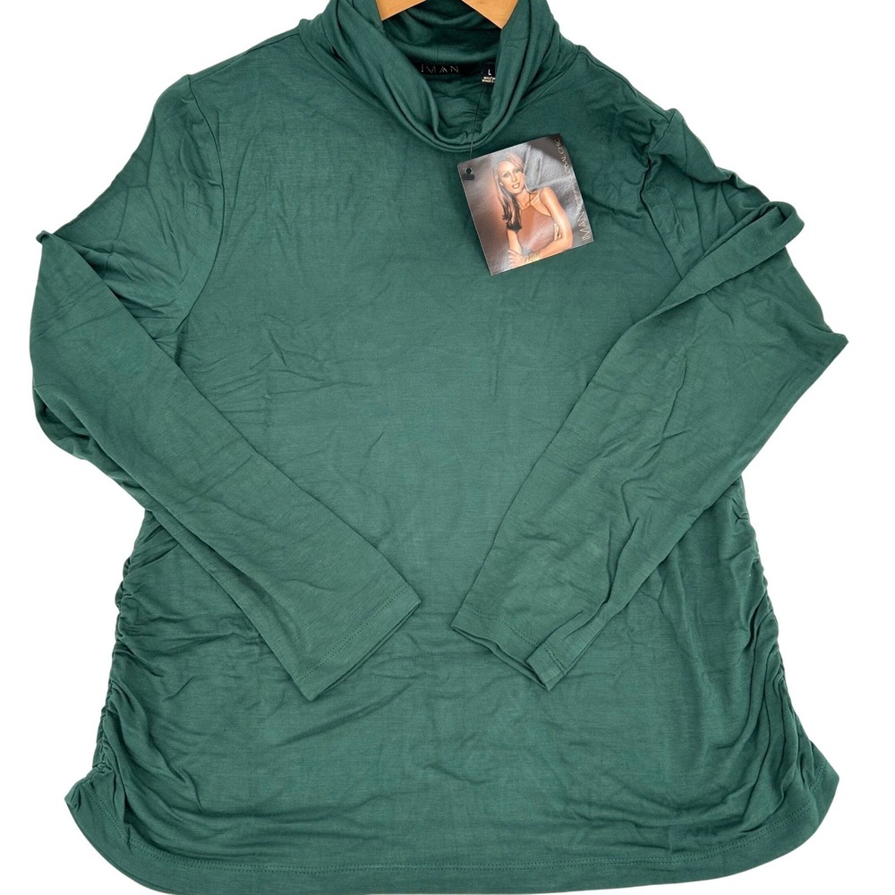 Womens Modern Ruched Cowl Neck Top Green Long Sleeve Jersey IMAN Global Chic L